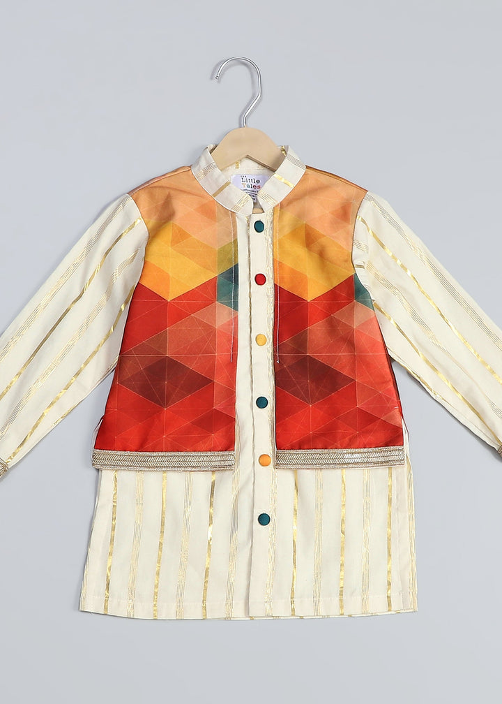 Off White Kurta With Multicolor Attached Jacket and Pyjama Set
