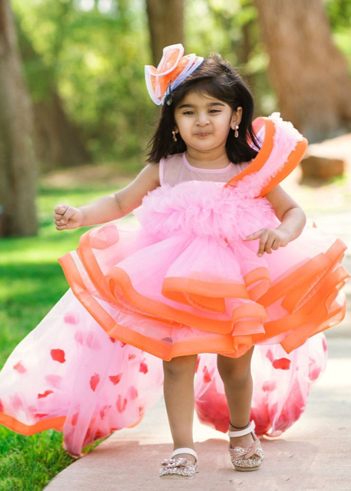 Orange Pink Stiff Hem Falling Petals Dress