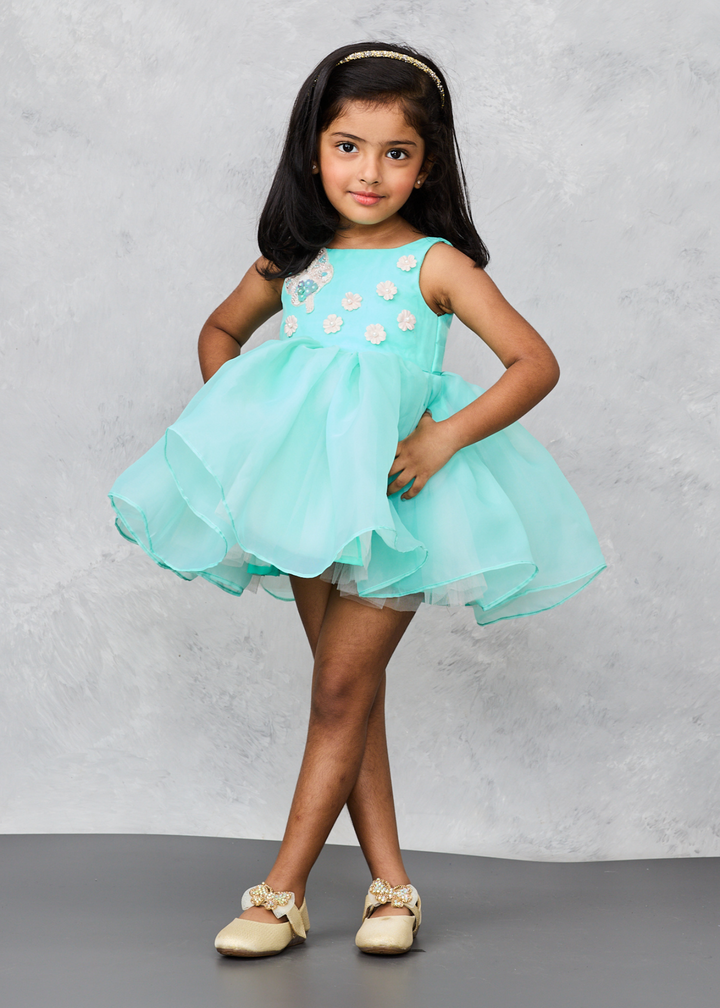 Blue Mesh Elegant Organza With Flower Embellishment Dress