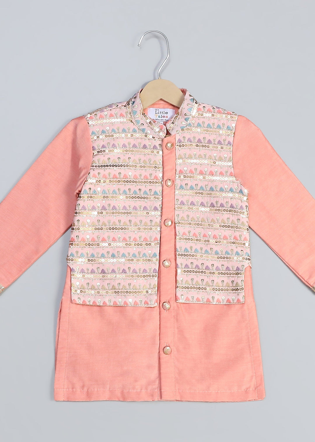 Peach Kurta With Attached Heavy Embroidery Jacket With Pyjama Set
