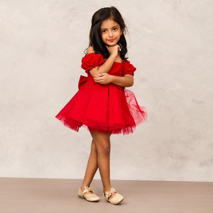Red Velvet Embellished Off Shoulder Puffy Sleeves Dress