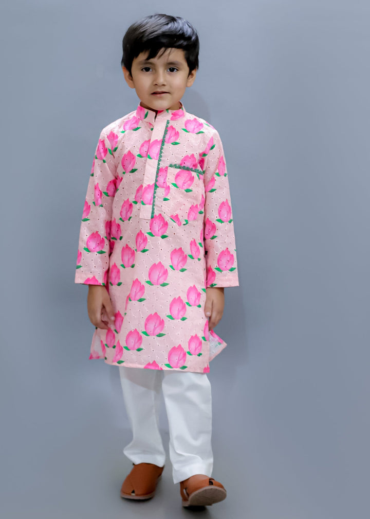 Baby Pink Hakuba Cotton Lotus Printed Kurta With White Pajama Set