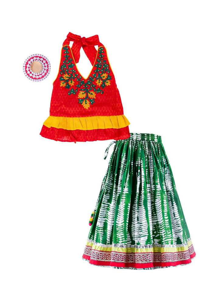 Rust & Green Sleeveless Embroidered Halter Neck Top With Lehenga Set