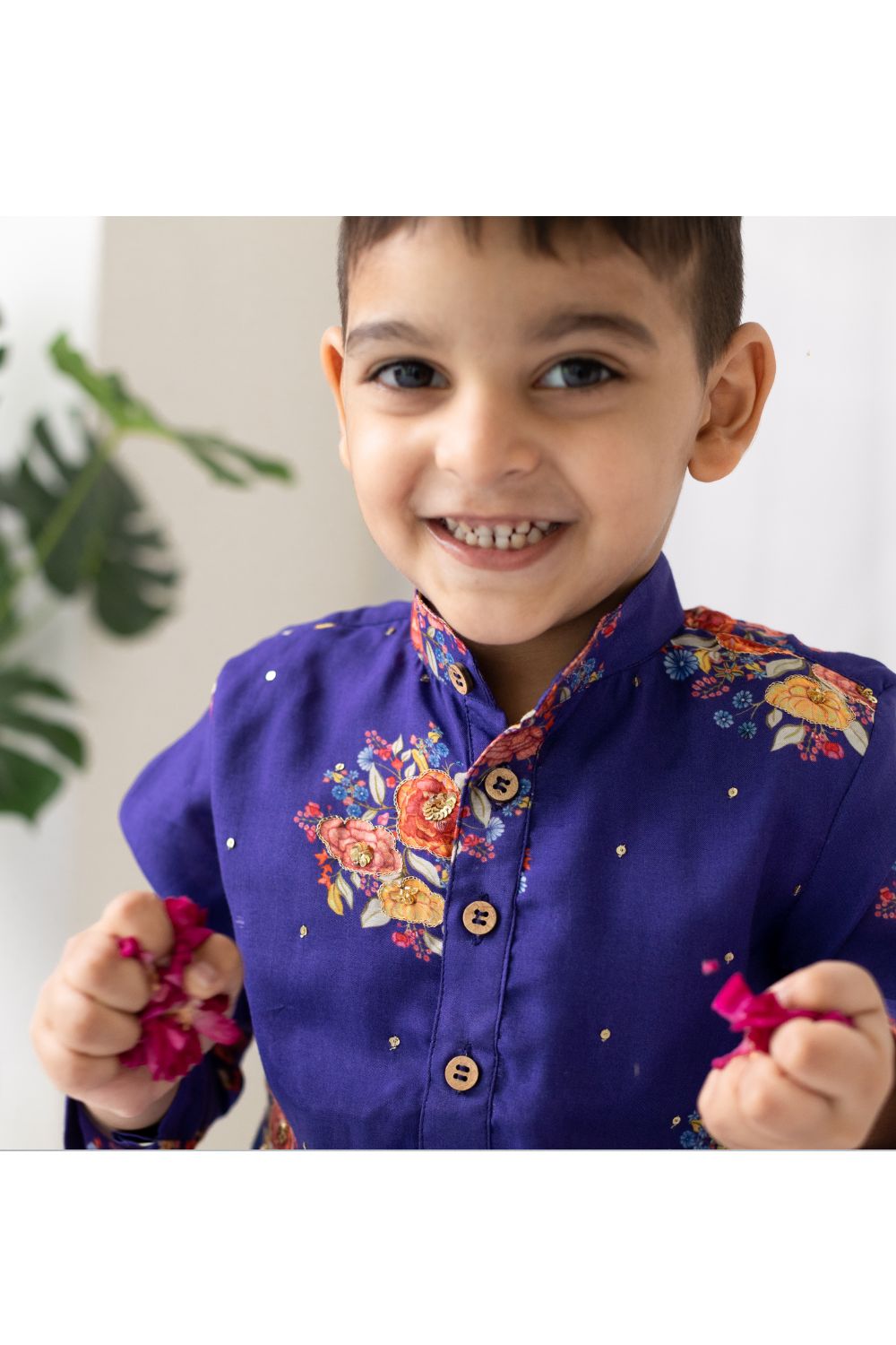 Purple Big Floral Printed Kurta With White Pyjama Set