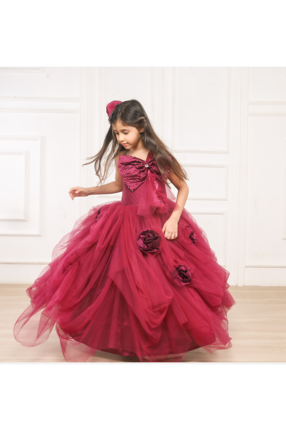 Maroon Big Bow And Flower Embroidered Net One Shoulder Gown
