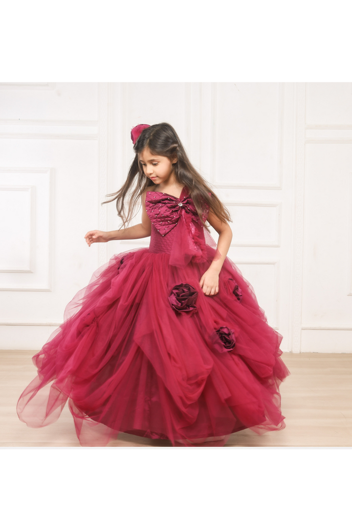 Maroon Big Bow And Flower Embroidered Net One Shoulder Gown