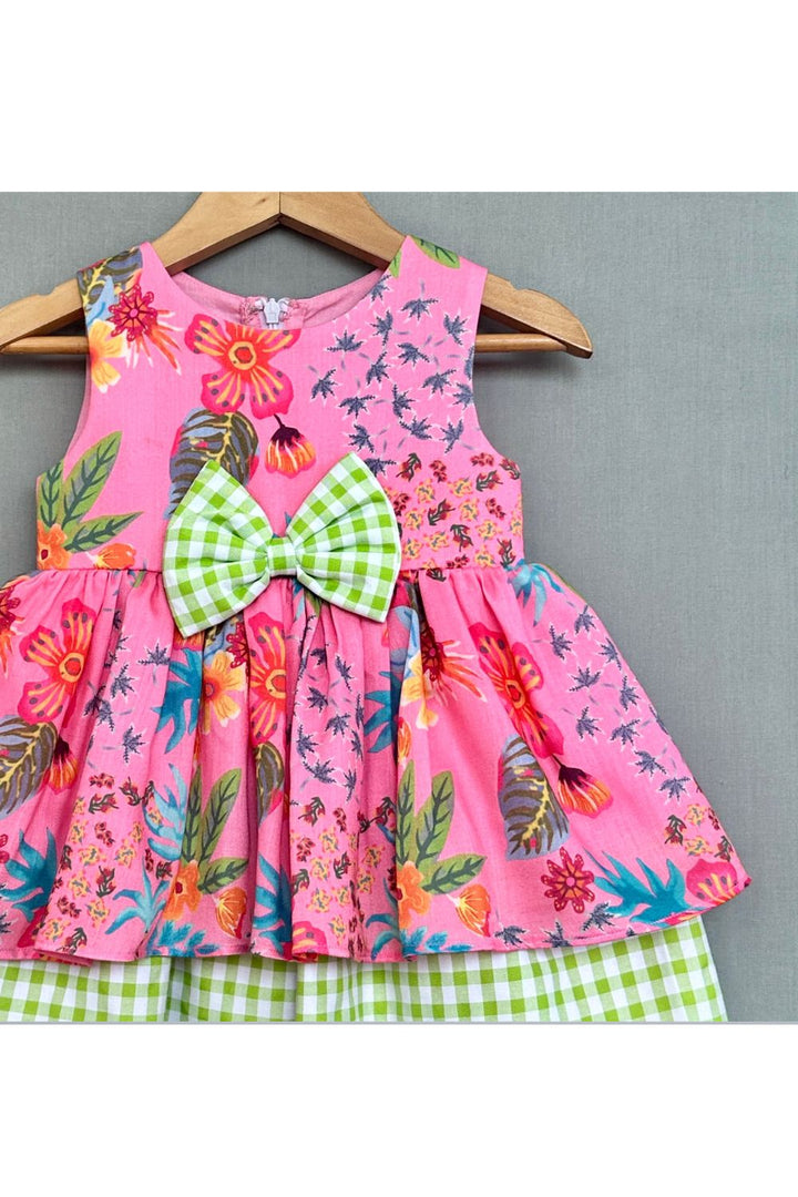 Pink Cotton Floral Dress with Gingham Checks