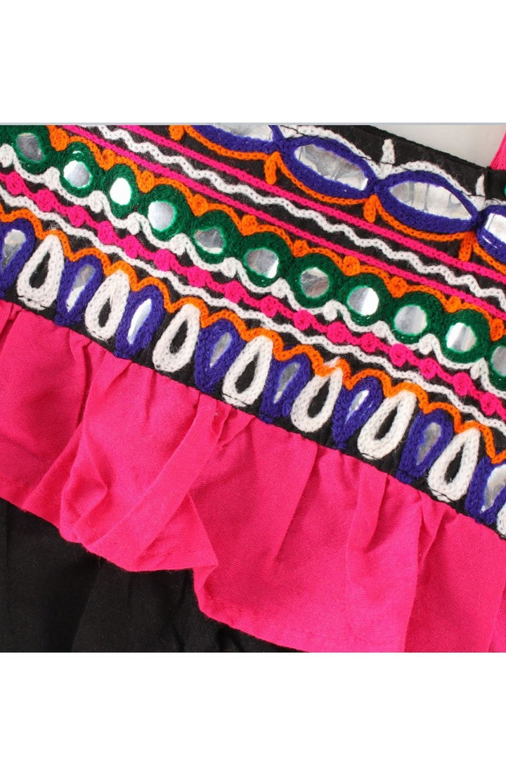 Multicolor Embroidered Layered Top & Pink Foil Printed Dhoti Pant Set