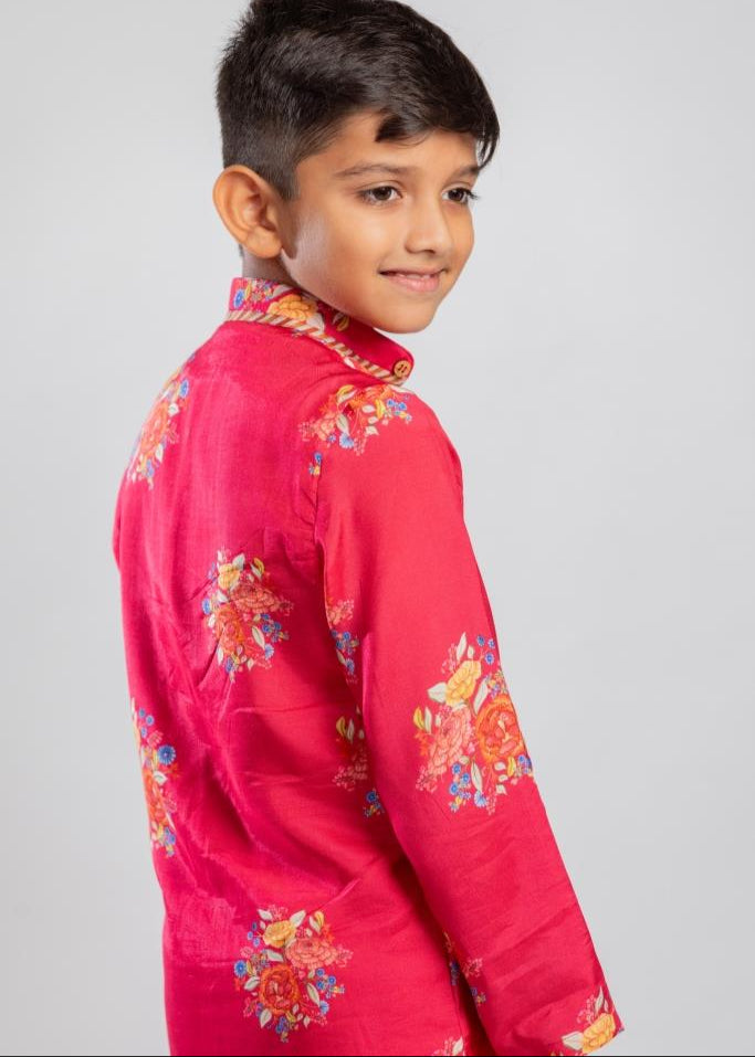 Red Big Floral Printed Kurta With White Pyjama Set