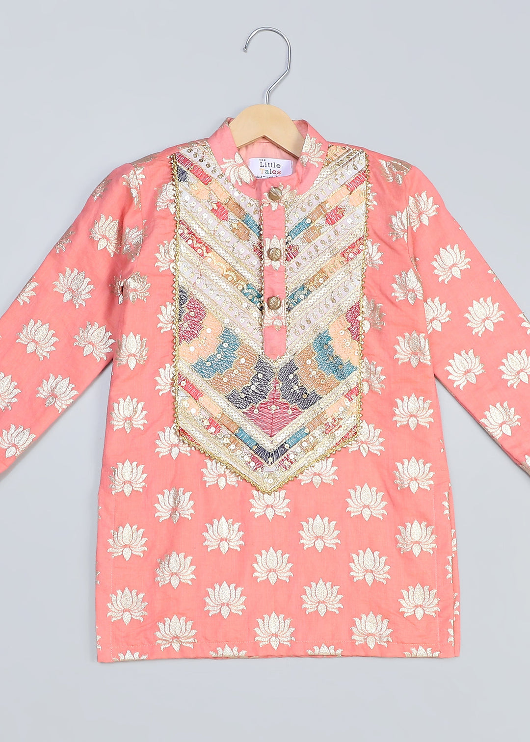 Peach Lotus Printed With Yoke Embroidery Kurta With Pyjama Set