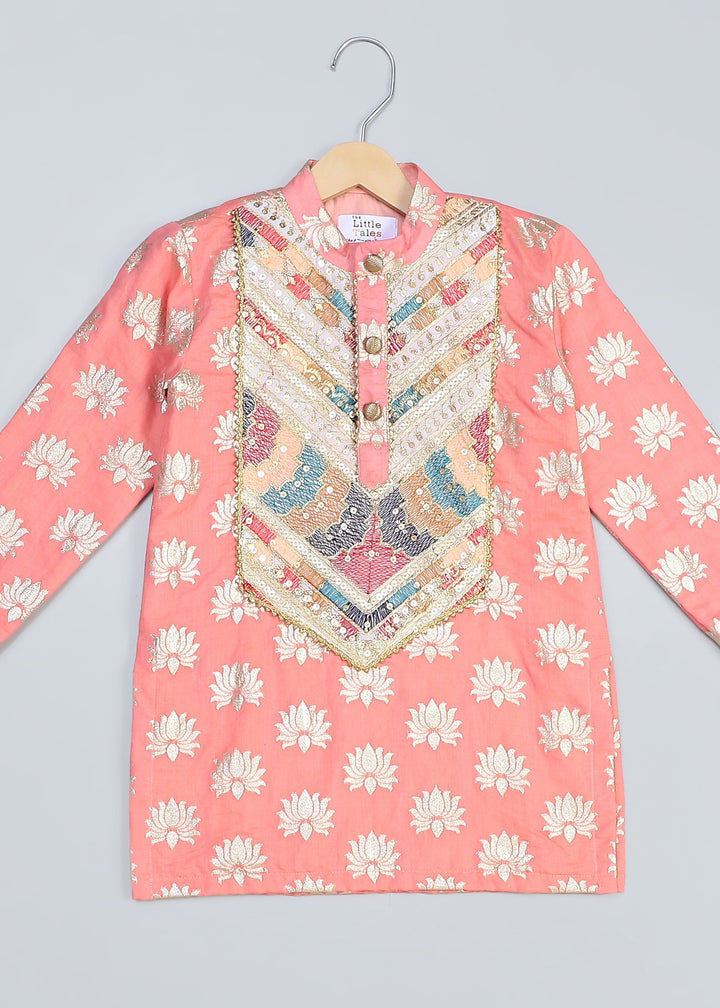 Peach Lotus Printed With Yoke Embroidery Kurta With Pyjama Set