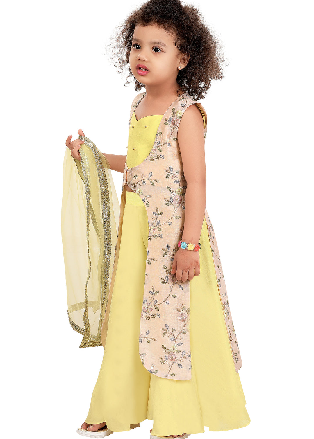 Lemon Yellow Silk Top With Flared Palazzo And Long Jacket Set