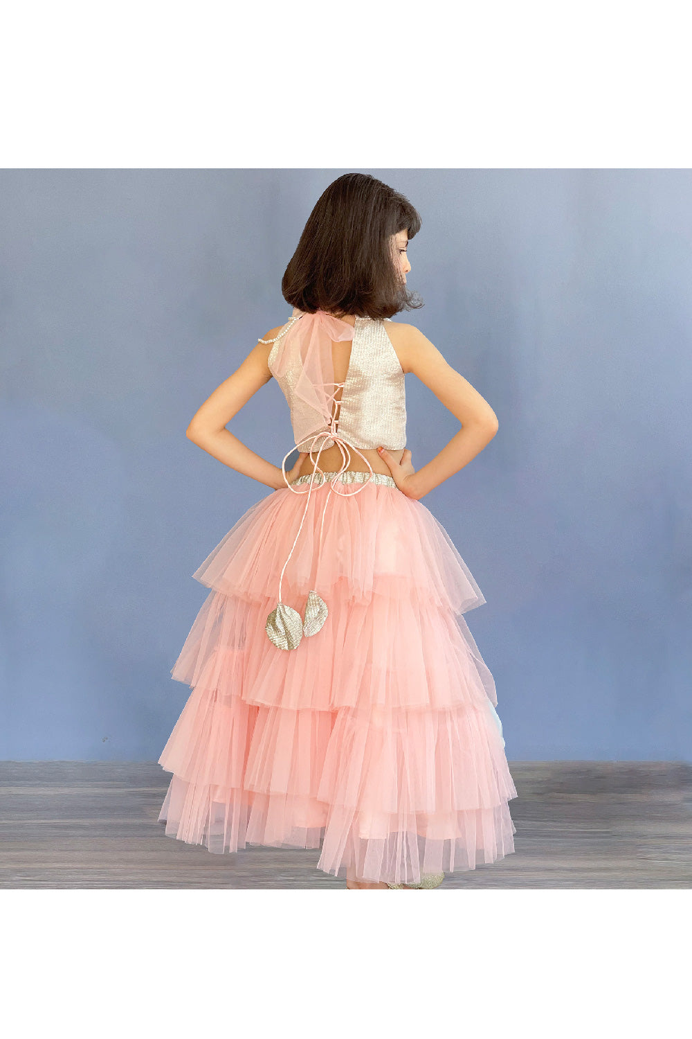 Pastel Pink And Green Pearl Detailing Halter Neck Top With Lehenga Set