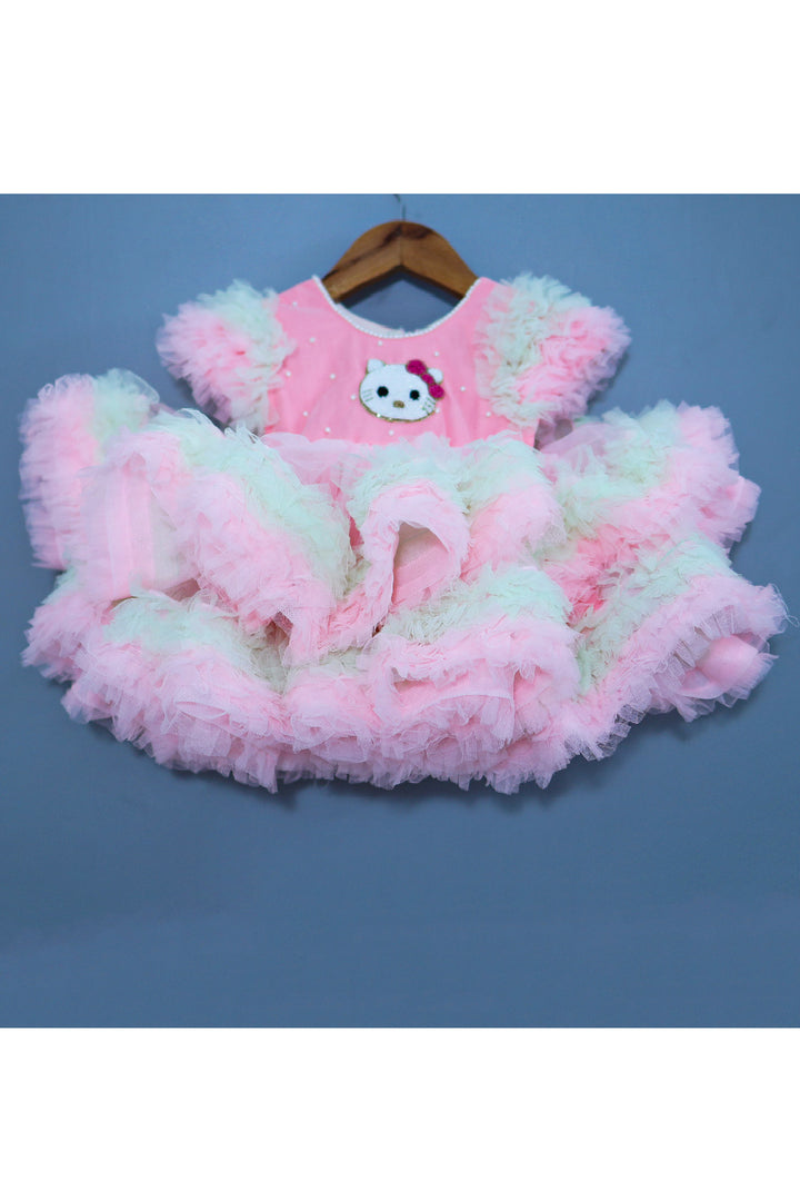 Pink Kitty Patch Embroidered Net Layered Dress