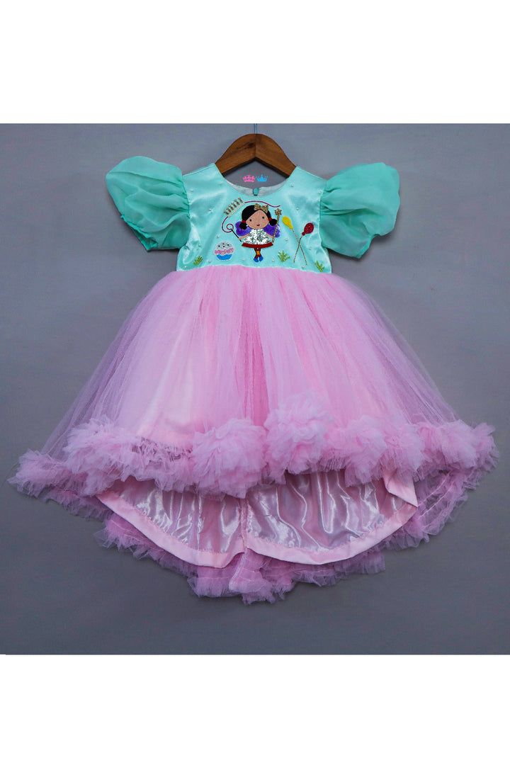 Aqua Blue And Pink Hand Embroidered Net High Low Dress