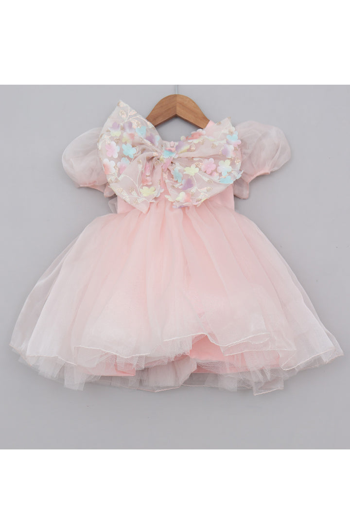 Peach Floral Embroidered Bow Detailing Organza Dress