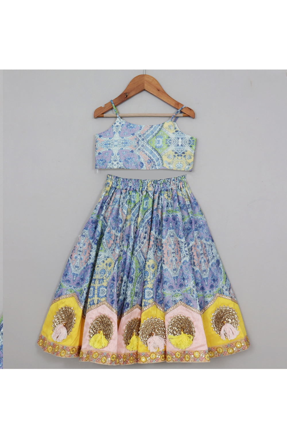 Multicolor Motif Printed And Gota Lace Detailing Top With Lehenga Set