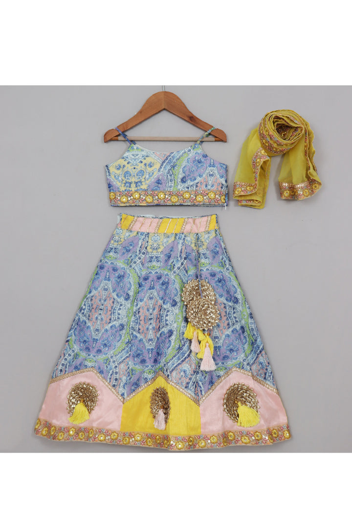 Multicolor Motif Printed And Gota Lace Detailing Top With Lehenga Set