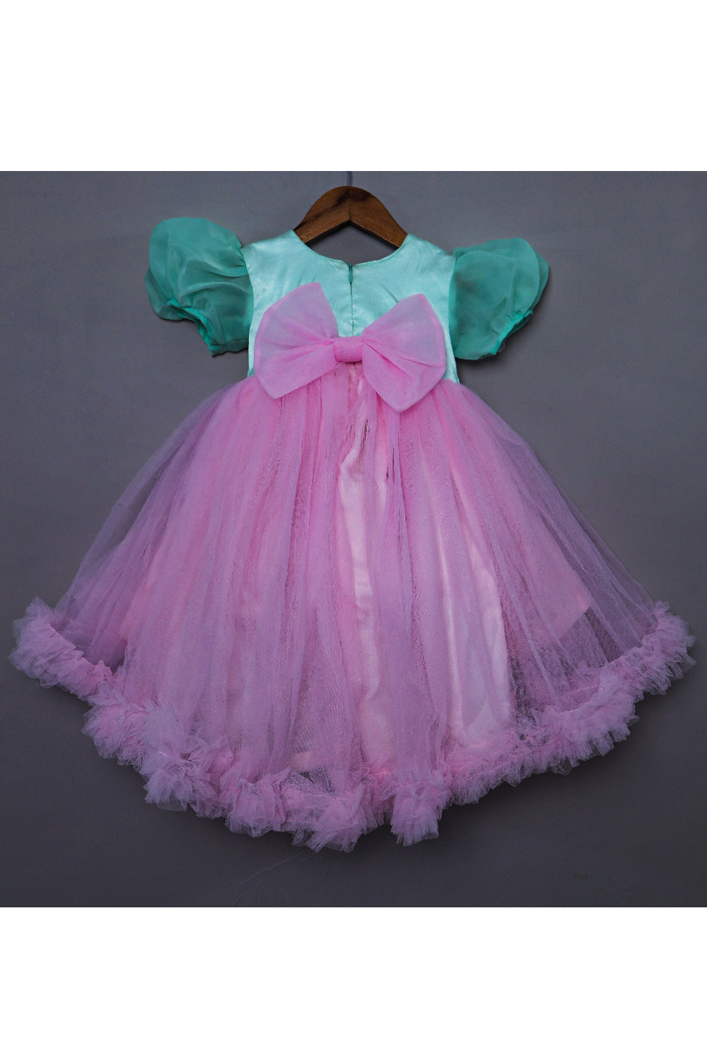 Aqua Blue And Pink Hand Embroidered Net High Low Dress