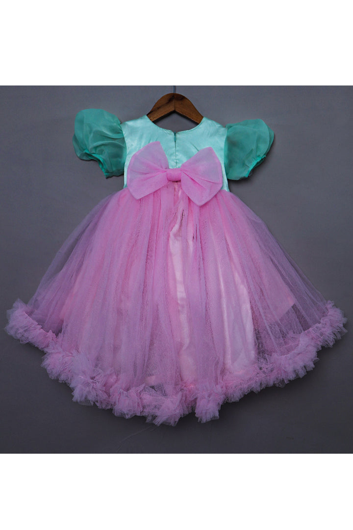 Aqua Blue And Pink Hand Embroidered Net High Low Dress