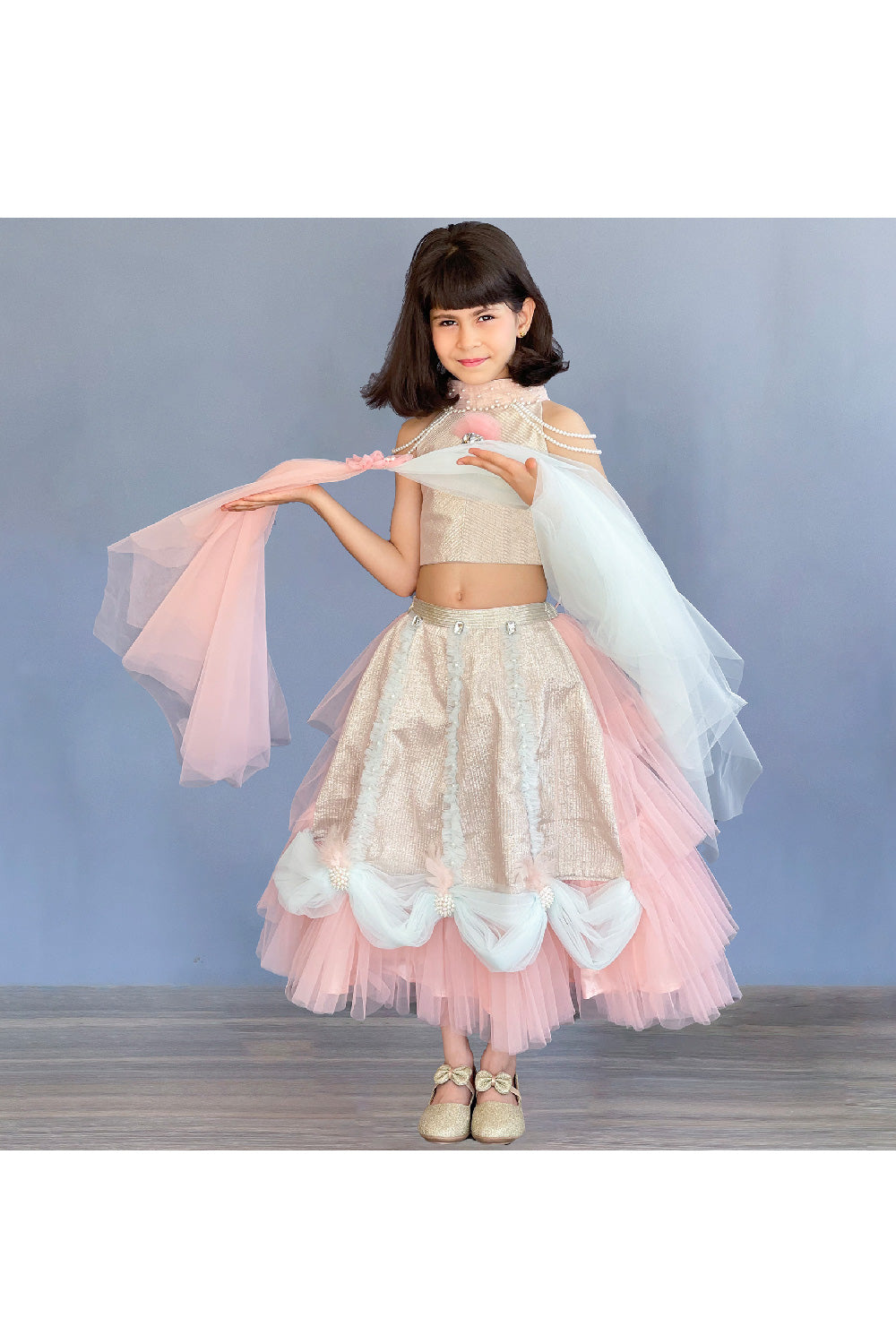 Pastel Pink And Green Pearl Detailing Halter Neck Top With Lehenga Set