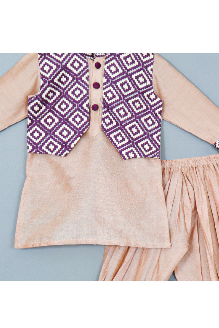 Beige With Purple Thread Embroidered Attached Jacket And Salwar Set