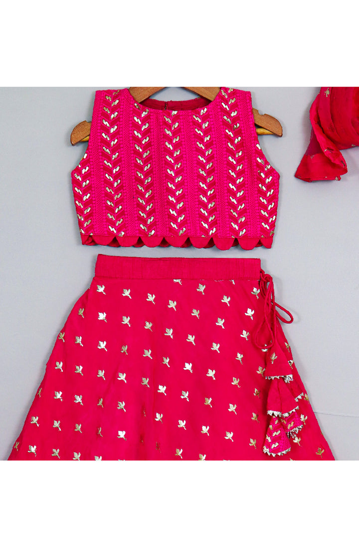 Hot Pink Embroidered Georgette Sleeveless Top With Lehenga Set