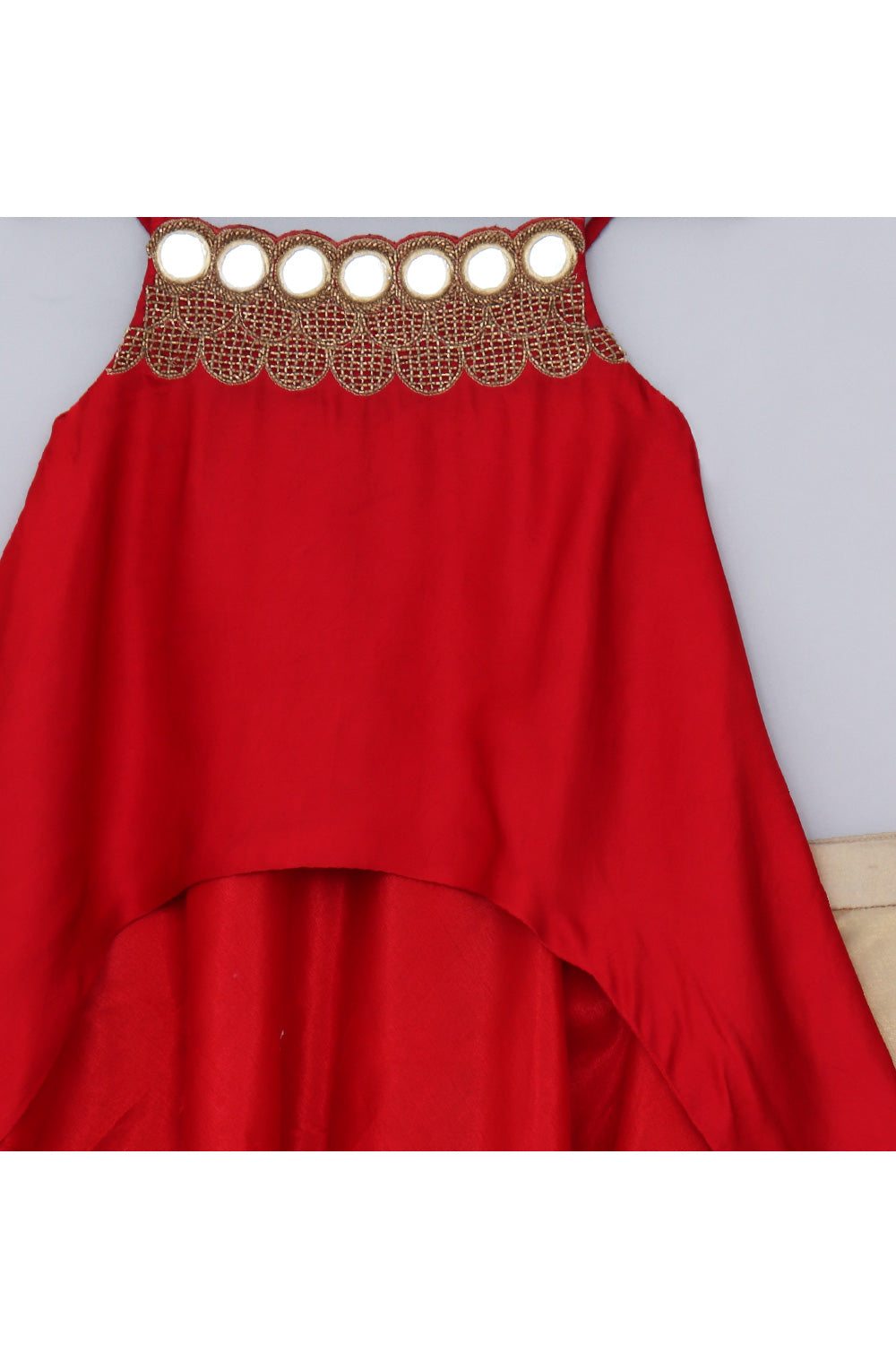 Red Embroidered High Low Sleeveless Top With Golden Skirt Set
