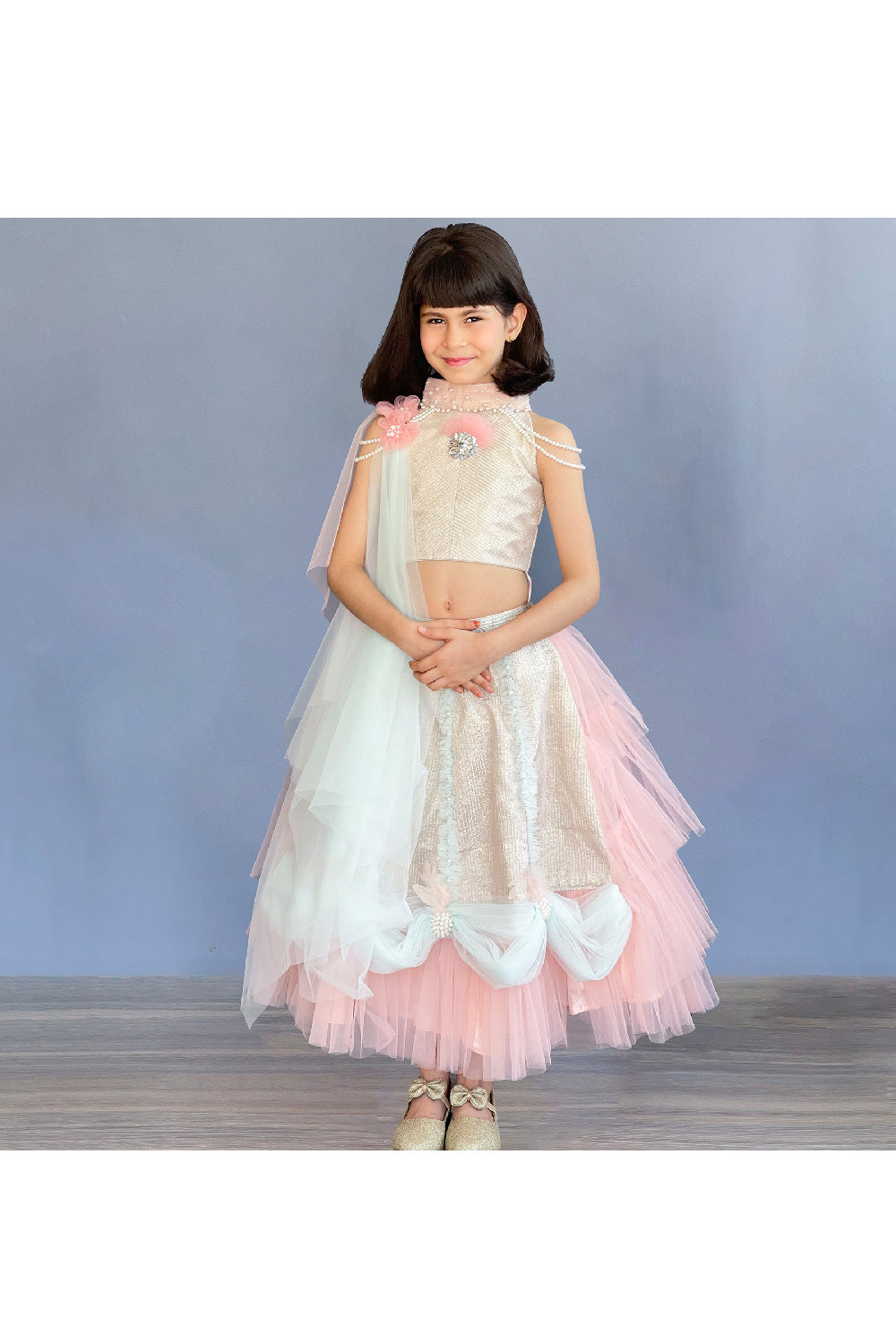 Pastel Pink And Green Pearl Detailing Halter Neck Top With Lehenga Set