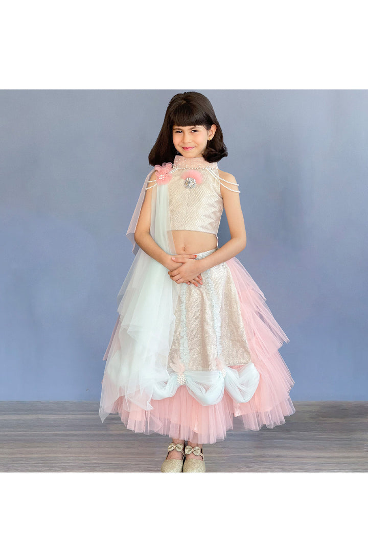 Pastel Pink And Green Pearl Detailing Halter Neck Top With Lehenga Set