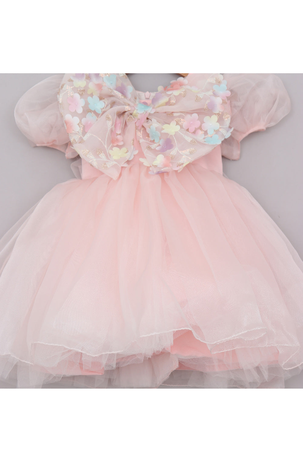 Peach Floral Embroidered Bow Detailing Organza Dress