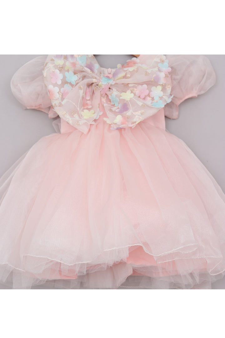 Peach Floral Embroidered Bow Detailing Organza Dress