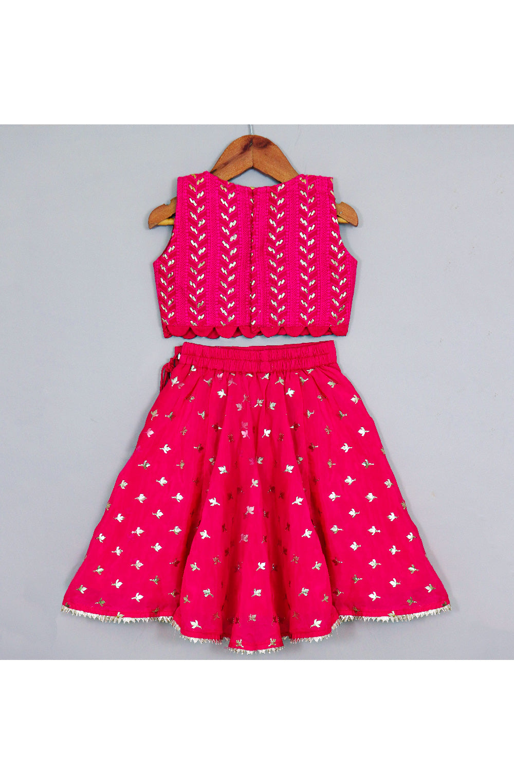 Hot Pink Embroidered Georgette Sleeveless Top With Lehenga Set