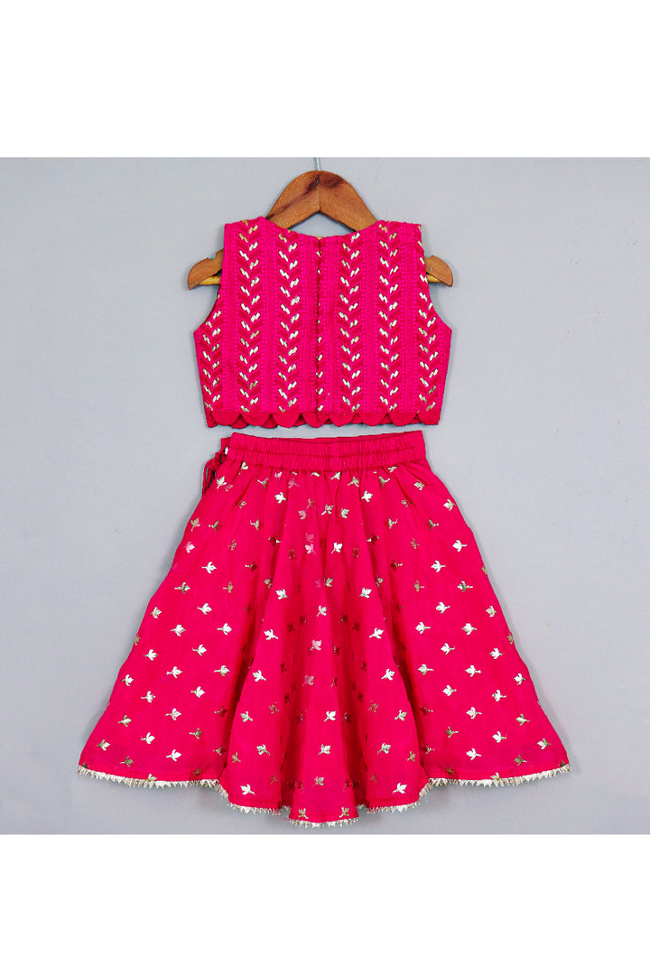 Hot Pink Embroidered Georgette Sleeveless Top With Lehenga Set