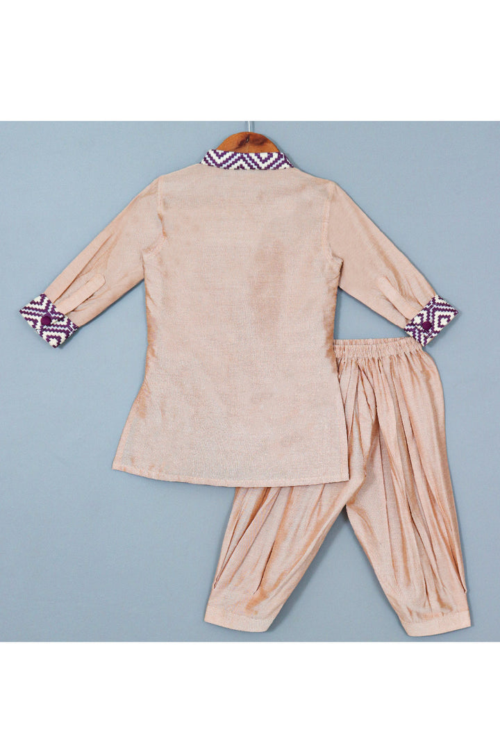 Beige With Purple Thread Embroidered Attached Jacket And Salwar Set