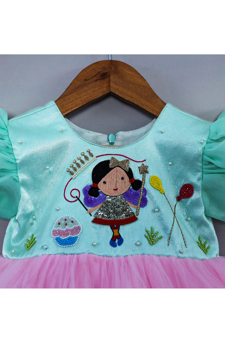 Aqua Blue And Pink Hand Embroidered Net High Low Dress