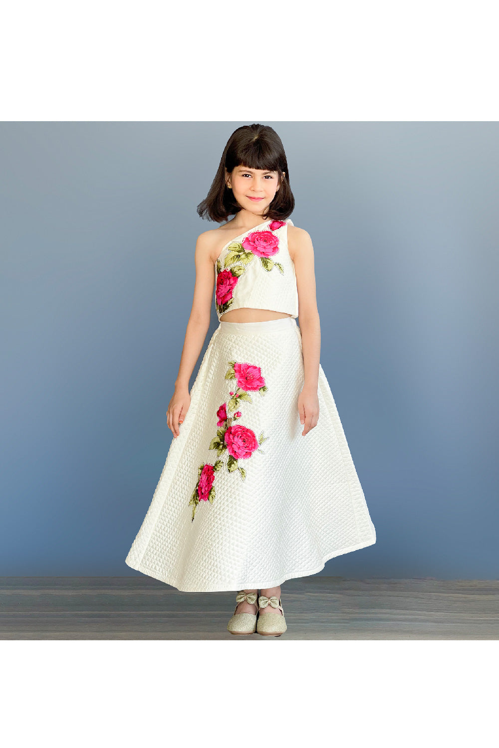 White Rose Embroidered One Shoulder Top With Lehenga Set