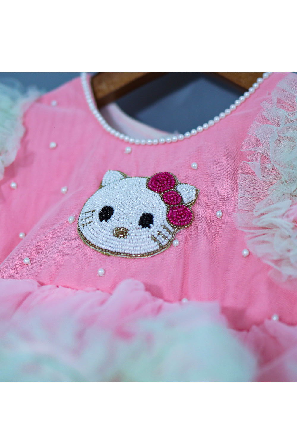 Pink Kitty Patch Embroidered Net Layered Dress