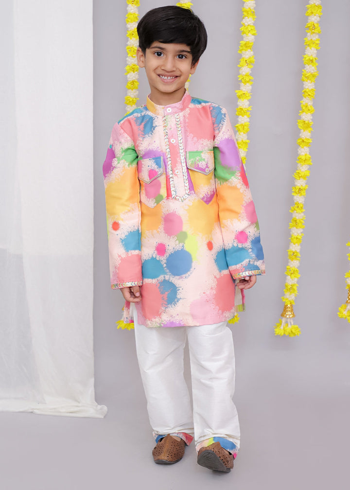 Multicolor Splash Printed kurta With Off White Pyjama set