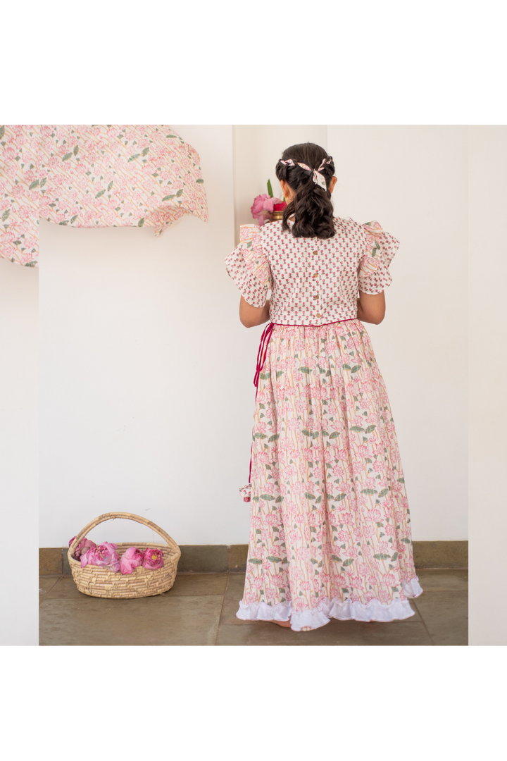 White And Pink Lotus Printed Frilled Crop Top With Lehenga Set