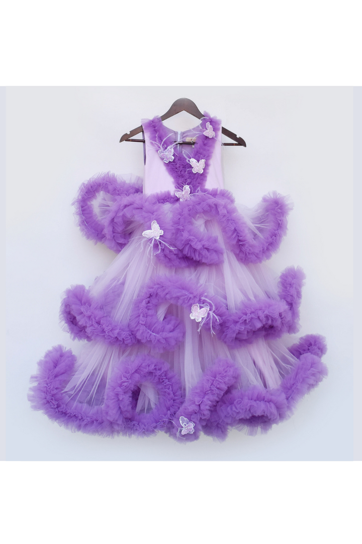 Purple Butterflies Embellished Ruffled Net Gown