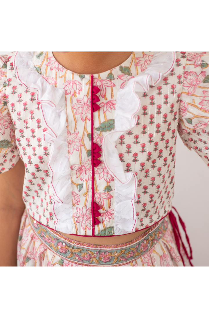 White And Pink Lotus Printed Frilled Crop Top With Lehenga Set
