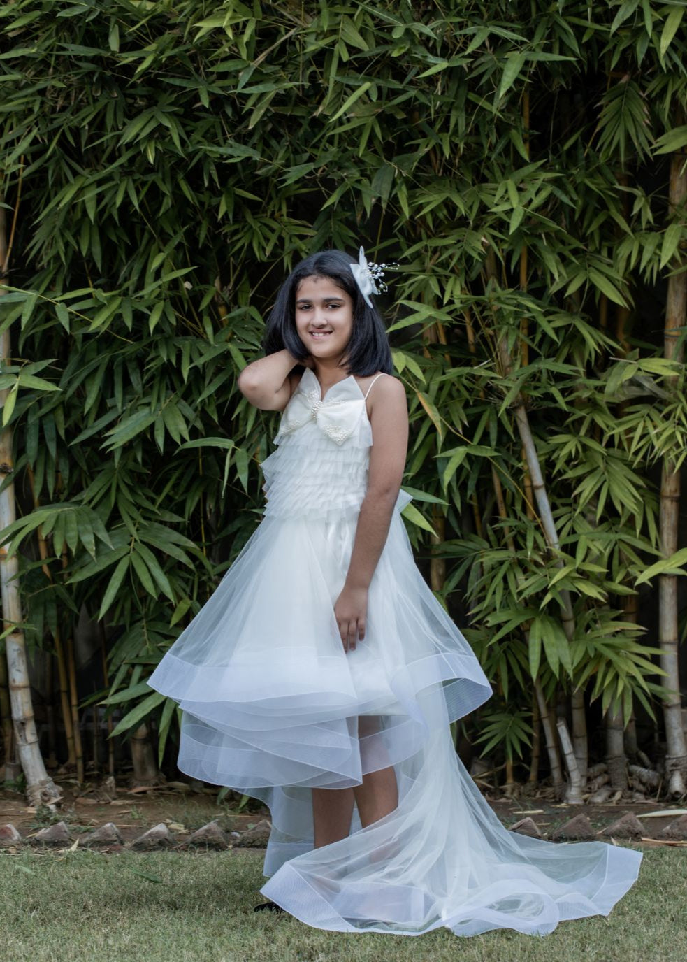 Stylish Off White Trail Dress With Bowie Pearl String Hair Clip