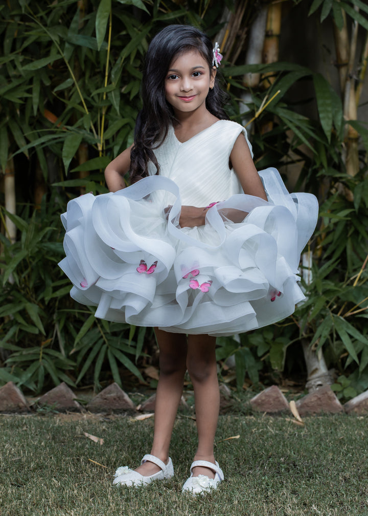 Off White Butterfly Stiff Hem Pleated yoke Dress