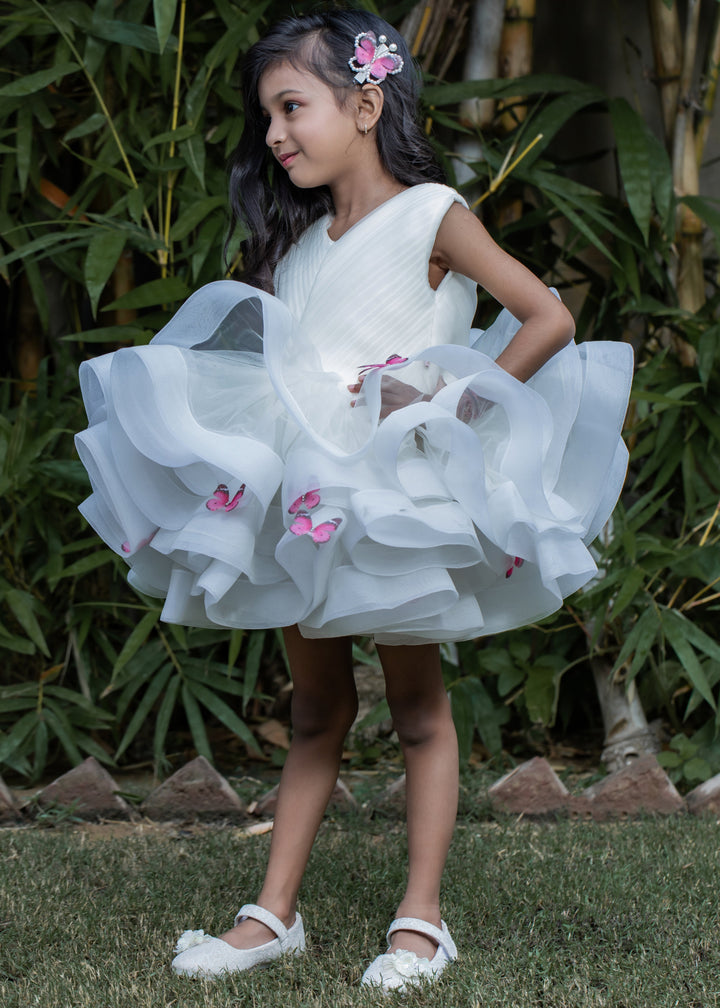 Off White Butterfly Stiff Hem Pleated yoke Dress
