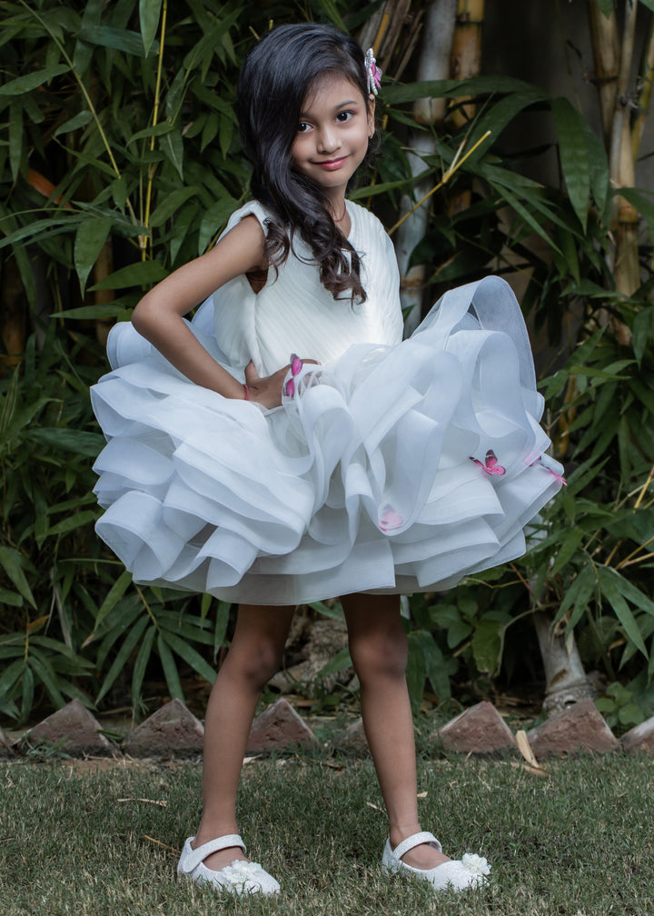 Off White Butterfly Stiff Hem Pleated yoke Dress