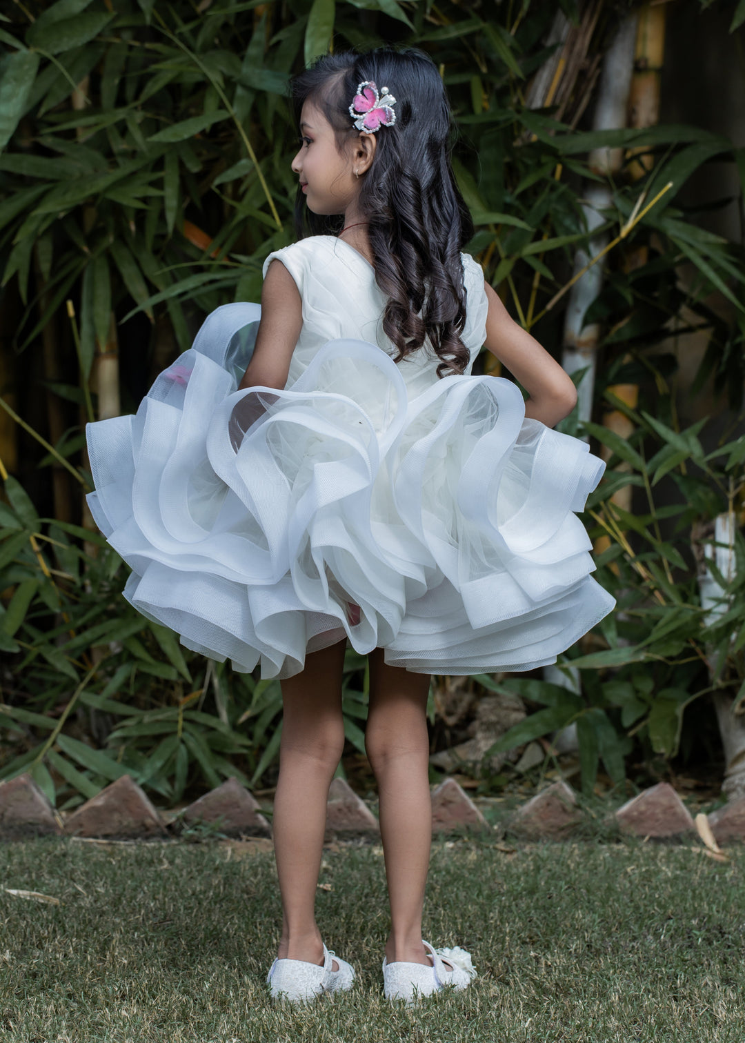 Off White Butterfly Stiff Hem Pleated yoke Dress