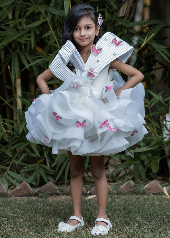 Off White Butterfly Stiff Hem Pleated yoke Dress