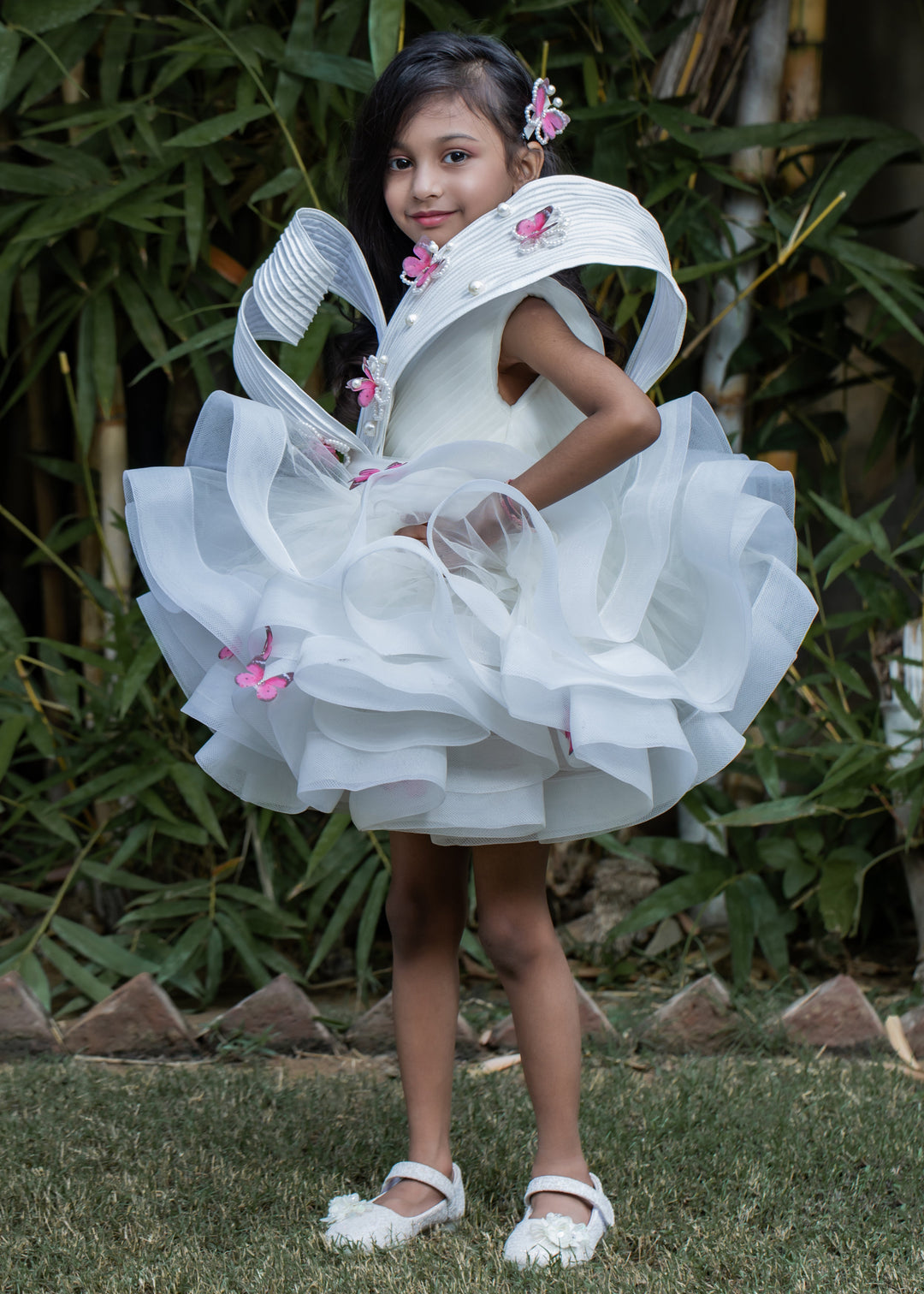 Off White Butterfly Stiff Hem Pleated yoke Dress