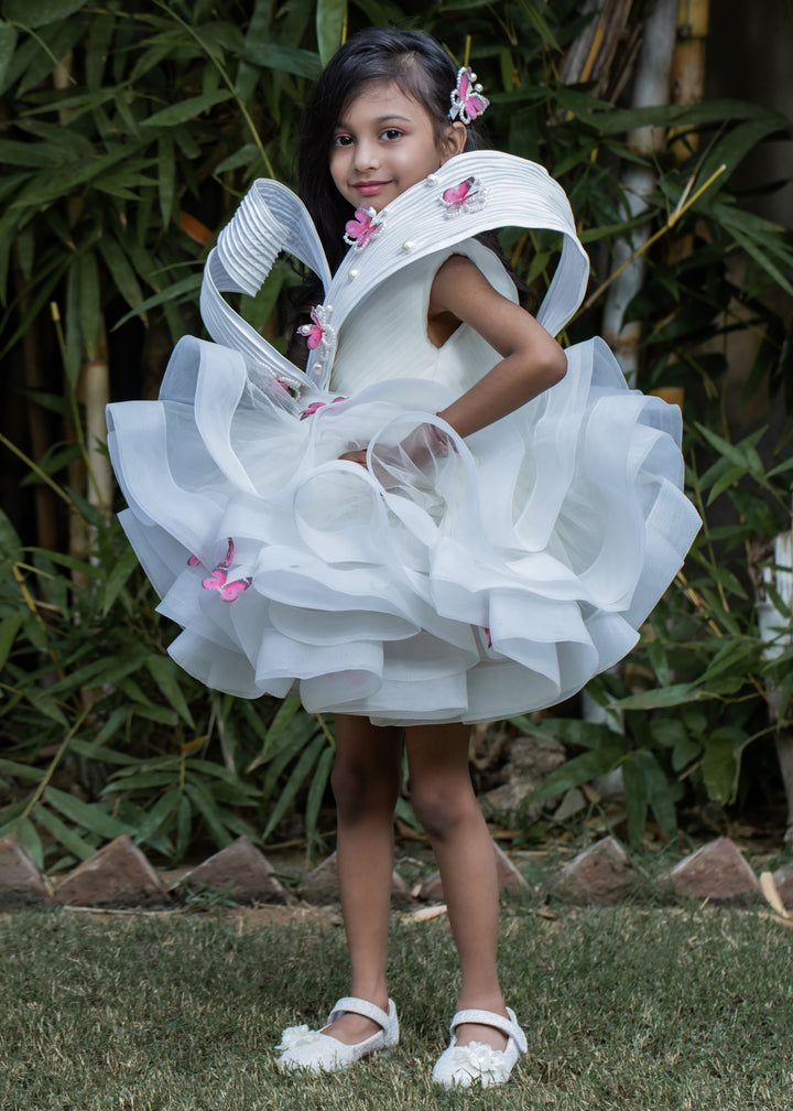 Off White Butterfly Stiff Hem Pleated yoke Dress